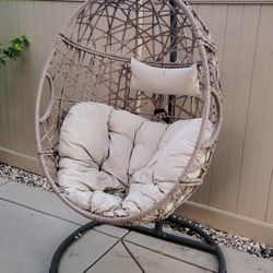Oversized Hanging Egg Chair with Stand Wicker Porch Swing Chair with Cushion