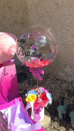 Happy birthday artificial flowers arrangements with lightup balloon