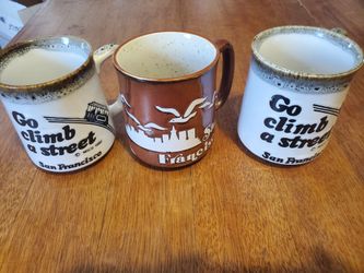 San Francisco Embossed Stoneware Coffee Cup Mug Set of 3 Beige, Brown