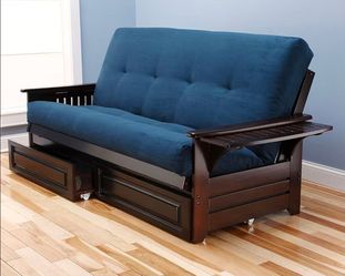 Queen Size Futon Phoenix Espresso Frame w/ 7 Inch Mattress Microfiber Suede Futon Set Wood Sofa Bed (Navy Mattress, Frame w/Drawers (Queen Size))