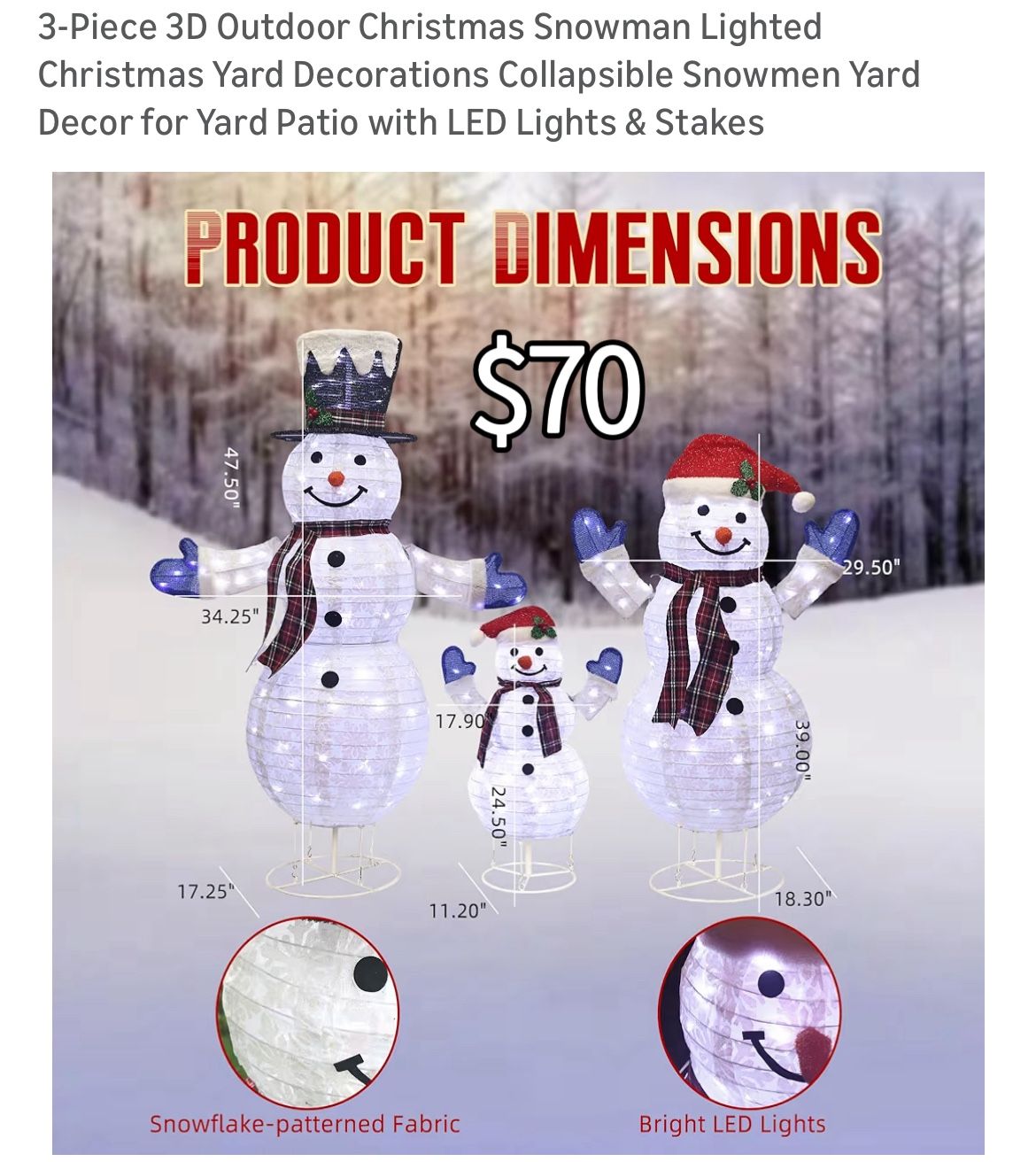 3-Piece 3D Outdoor Christmas Snowman Lighted Christmas Yard Decorations Collapsible Snowmen Yard Decor for Yard Patio with LED Lights & Stakes