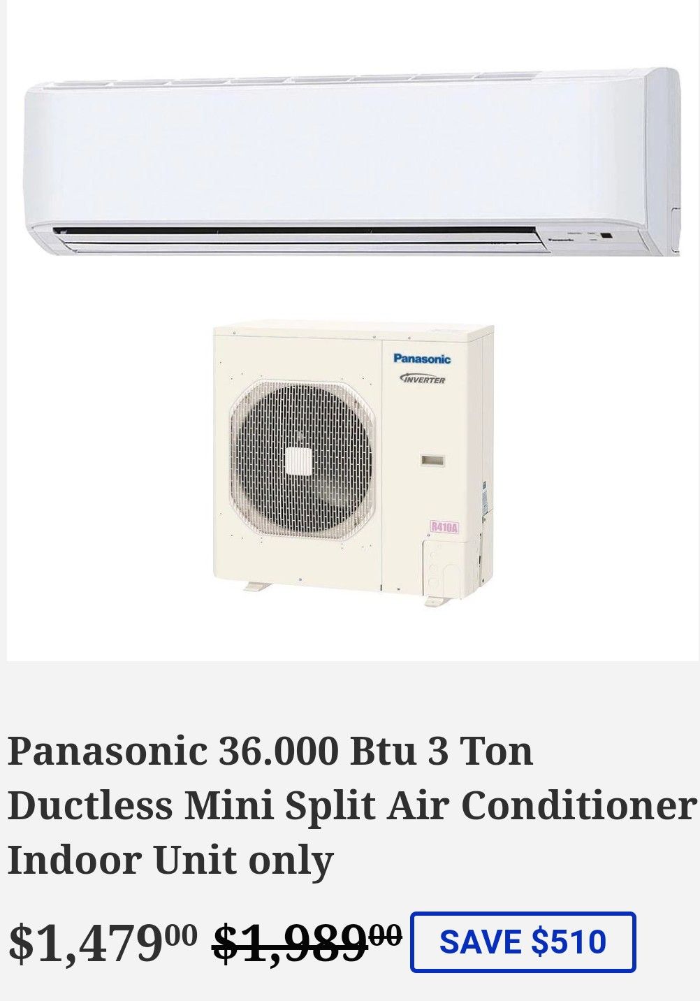 Panasonic 36.000 Btu 3 Ton Ductless Mini Split Air Conditioner Indoor Unit only