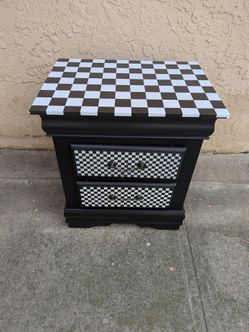 Black and White Checkered Nightstand with Two Drawers