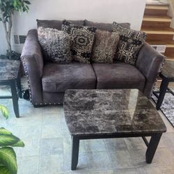 Sofa w/ Coffee Table, End Tables and Pillows