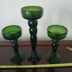 a set of vintage emerald green glass candle holders