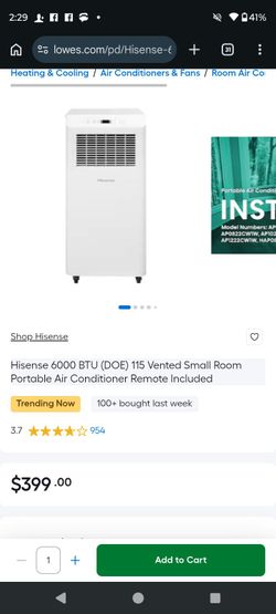 Hisense 6000 BTU (DOE) 115 Vented Small Room Portable Air Conditioner Remote Included
