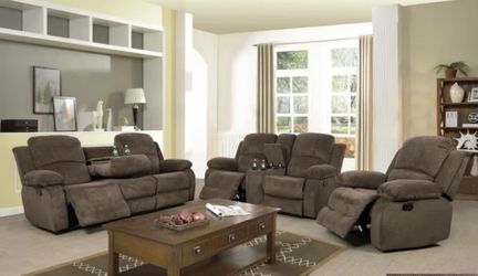 Brown Chenille Fully Reclining Three Piece Couch Set 