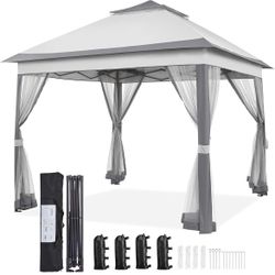 11x11 Pop Up Gazebo Double-Tier Canopy Tent w/Mesh Netting, Gray