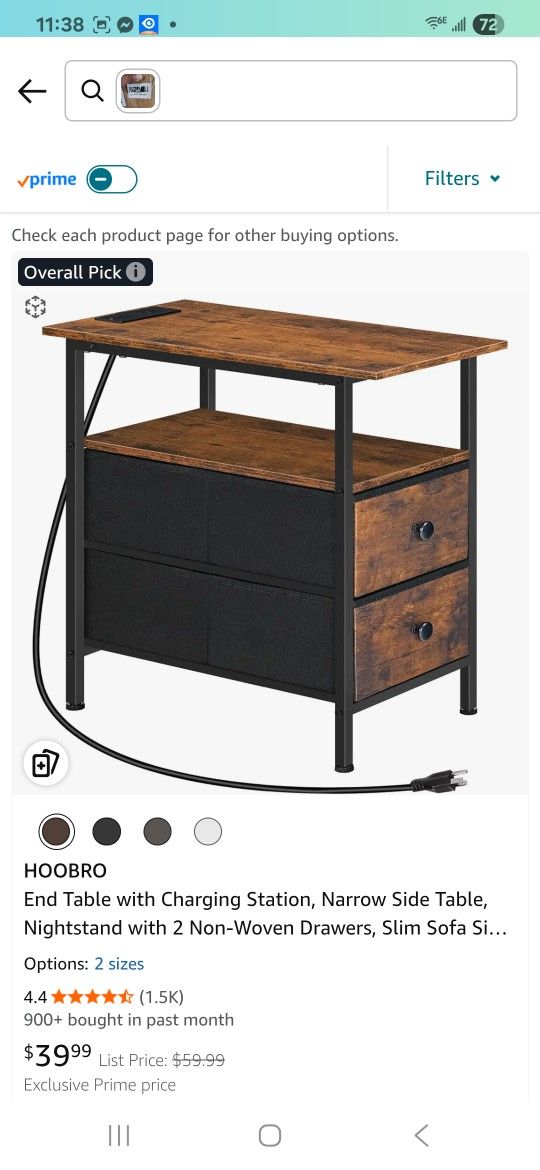 End Table with Charging Station, Narrow Side Table, Nightstand with 2 Non-Woven Drawers, Slim Sofa Side Table, for Small Spaces, Living Room, Bedroom,
