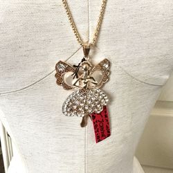 Betsey Johnson Crystal Angel Pendant Necklace 