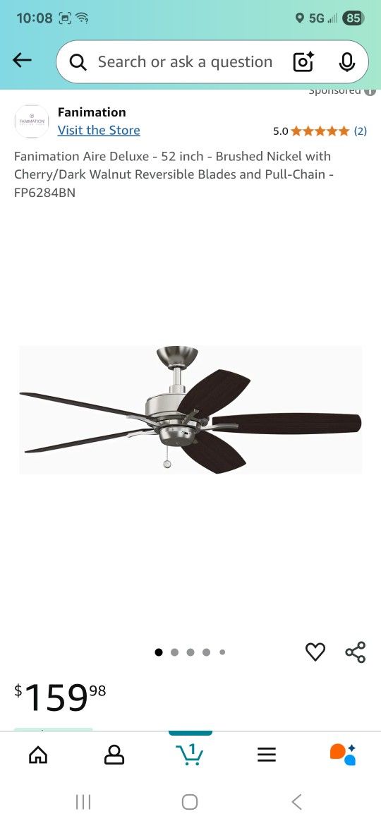 Fanimation Aire Deluxe - 52 inch - Brushed Nickel with Cherry/Dark Walnut Reversible Blades and Pull-Chain - FP6284BN