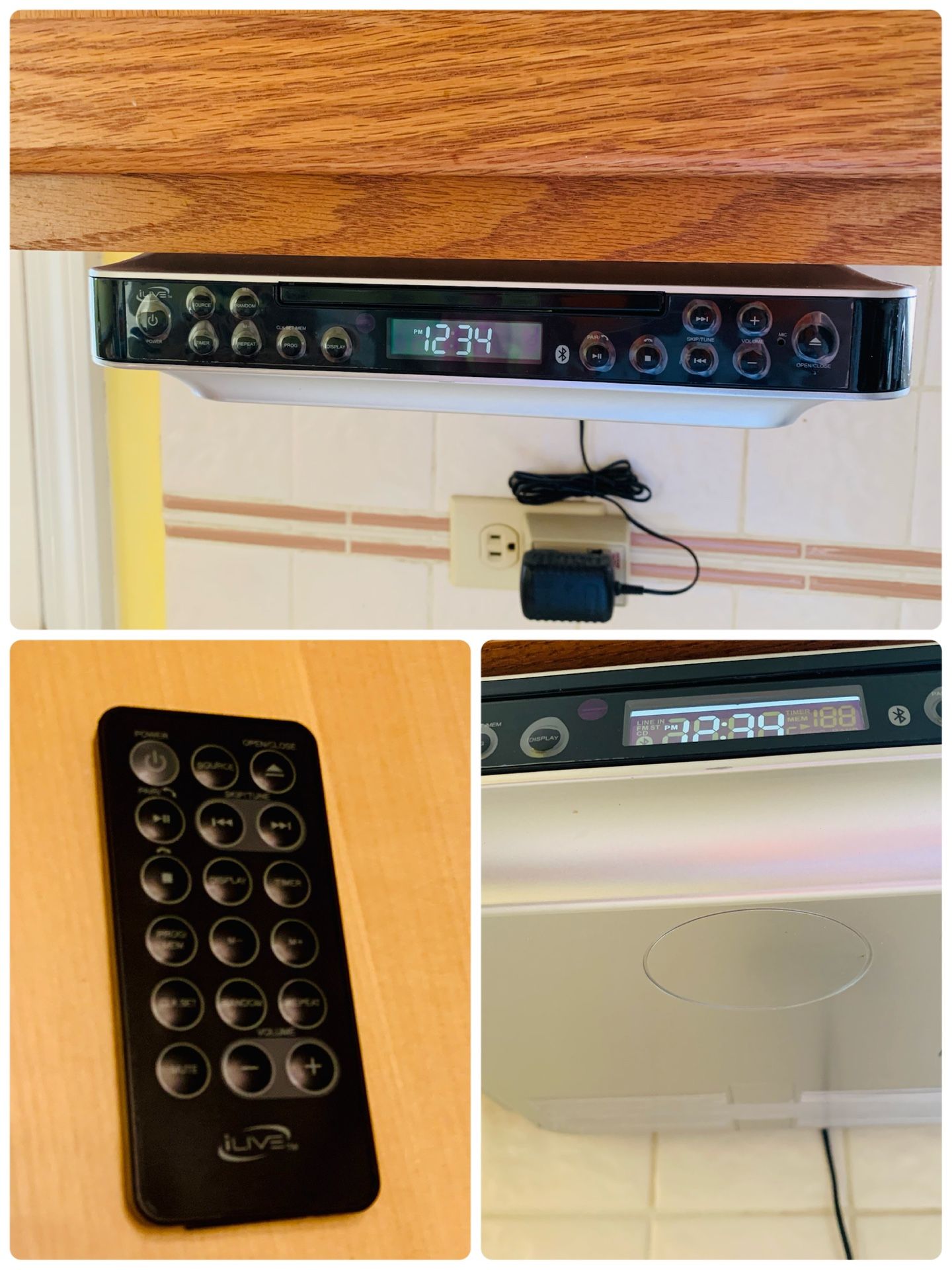 iLive Bluetooth Under Cabinet Radio (FM) CD Player and MP3 Player, Bluetooth, USB, AUX in, MP3, CD, Music System with Kitchen Timer