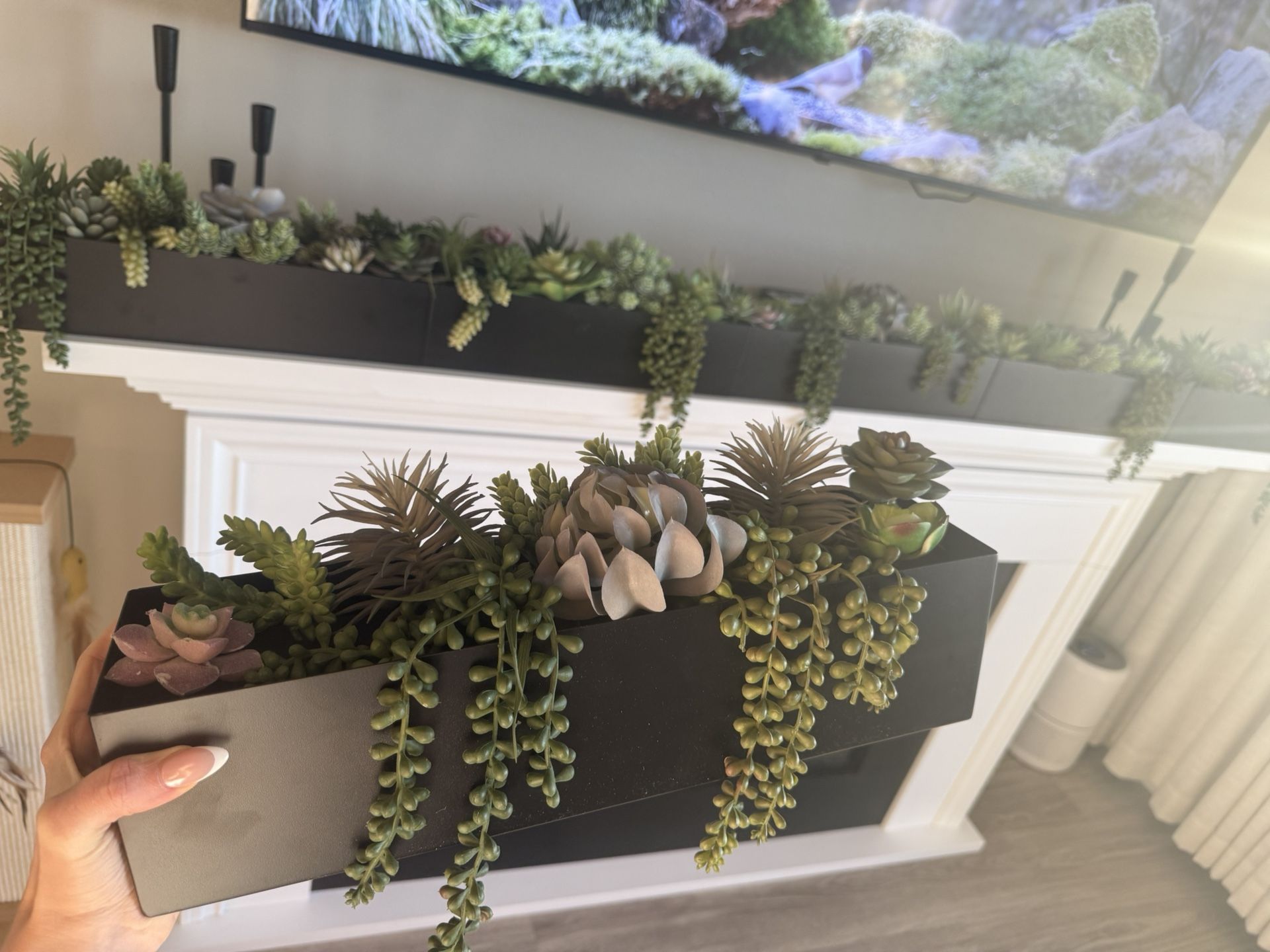 Set of 6 Black Metal Planter Boxes with Faux Succulent Arrangements