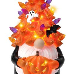 Halloween Gnomes Decorations, 10IN Gnome Decor with LED Lights, Handmade Resin Halloween Statues for Home Indoor Table Tiered Tray Decor, 3AAA Batteri