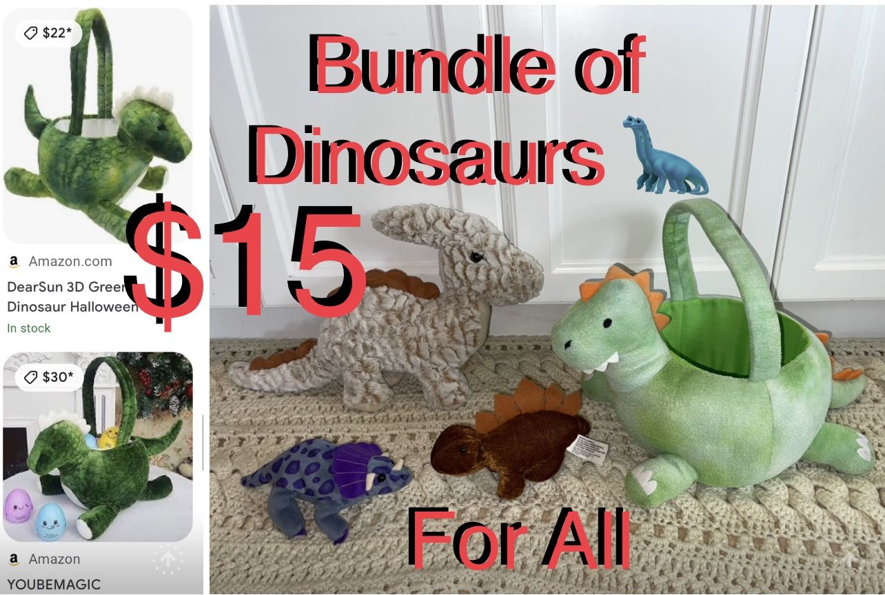 $15 Bundle of Cute Dinosaurs 🦕 plushies and a large Basket Dino perfect for Easter Or Halloween etc