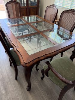 Antique table, wood and glass, with chairs