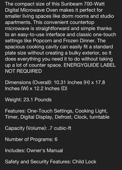 Sunbeam 0.7cu. ft. 700 Watt Digital Microwave Oven - White