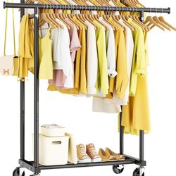 Double Rods Clothes Rack, Rolling Clothing Rack for Hanging Clothes Portable Wardrobe Rack, Metal Garment Rack Sturdy Coat Rack for Bedroom Laundry Li