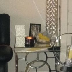 3 Piece mirrored table and 2 Crystal lamps 