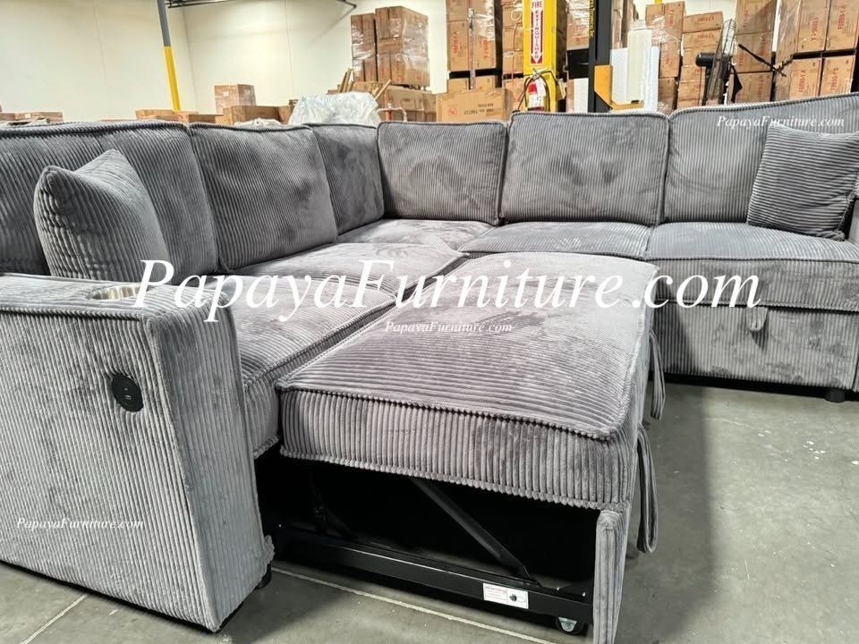 NEW L Shape Sectional Sofa with Pullout Sleeper Bed Pull out Couch Storage Big Discount Sale Fabric Convertible Under Seat Warehouse Dark Grey Gray