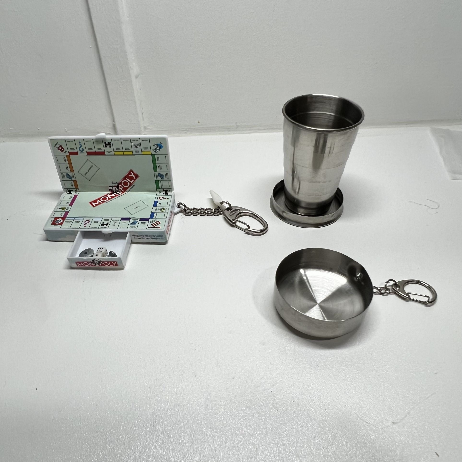 Monopoly Keychain Mini Game 1998 Hasbro Stainless Steel Folding Shot Cup Keychain