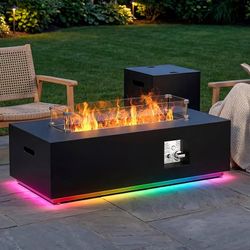 42" Propane Fire Pit Table with LED Light - 50,000 BTU with Wind Guard, Lid, Rocks and Cover - Outdoor Gas Fire Pit Rectangle - Coffee Table with Fire