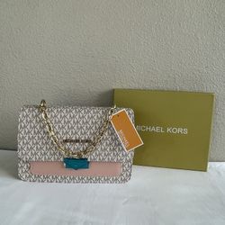 Brand New Michael Kors Signature Chain Shoulder Bag – Pink Blush Trim