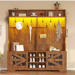 Hall Tree with Bench and Shoe Storage, 5-in-1 Entryway Bench with Coat Rack, (Rustic Brown) D-10