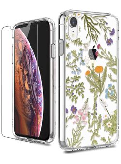 iPhone XR Cases, LUHOURI iPhone XR Phone Case with Glass Screen Protector, Girls and Women Clear Floral Slim Protective Hard PC Back Ultra-Thin Shock