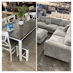 Bundle deal 6-pc dining table set, sectional sofa and ottoman