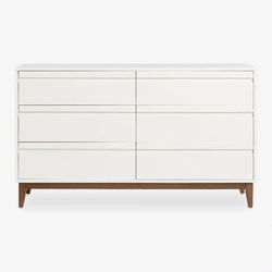 Laramie 6-Drawer Dresser – White Wooden Modern Storage Chest Tapered Legs with Sleek Drawer Pulls