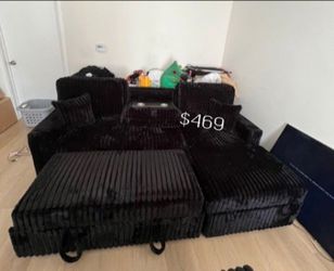 Beautiful‼️2-Pc Black Fur-Like Jumbo Corduroy Sectional Sofa With Pullout Bed, Storage, And USB Port