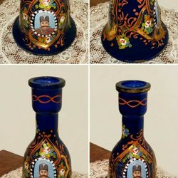 Vintage Persian Qajar Shah King Portrait Hand Blown Cobalt Blue Glass Shisha Bottleneck Base Decanter Gold Gilt Painted Table Decor