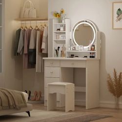 5-Drawers White Wood Makeup Vanity Set Dressing Desk W/ Stool, LED Round Mirror and Storage Shelves 52x 31.5x 15.7 in