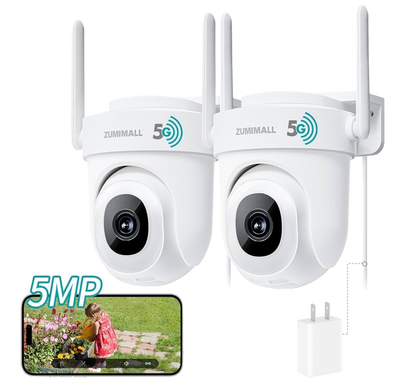 (4444-64) ZUMIMALL 5MP Outdoor Camera Wireless 2-Pack - 24/7 Recording Wired Power, Support 5GHz WiFi | Motion & Noise Detection, 360° PTZ Auto Tracki