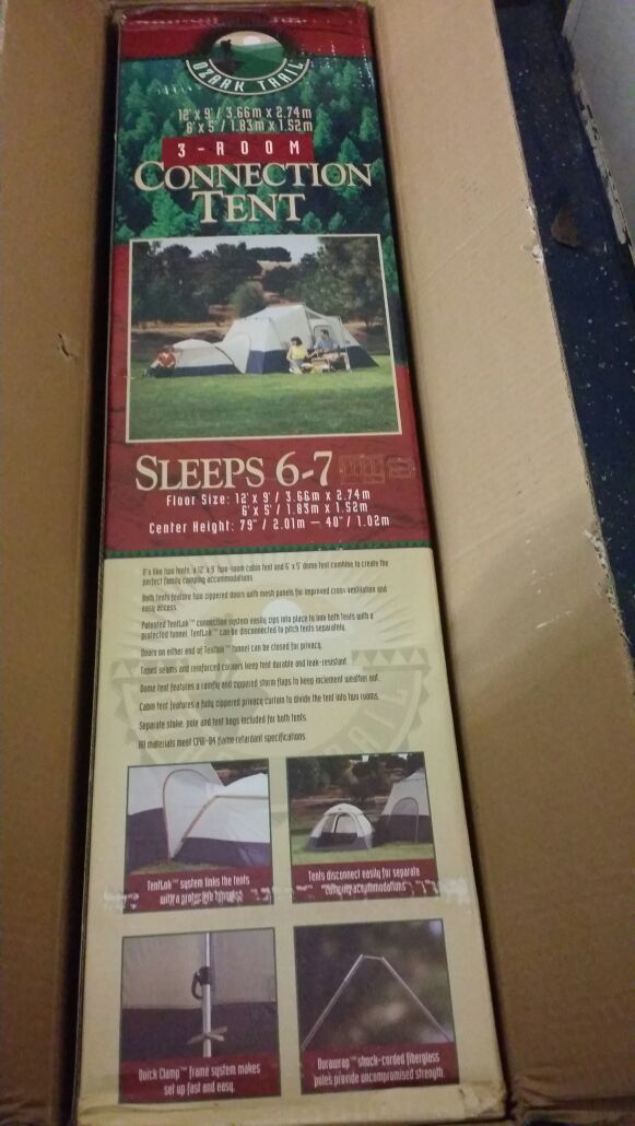 Ozark Trail 3-room Connection Tent, Sleeps 6-7. It's like two tents...a 12'x9' two-room cabin tent and a 6'x5' dome tent.