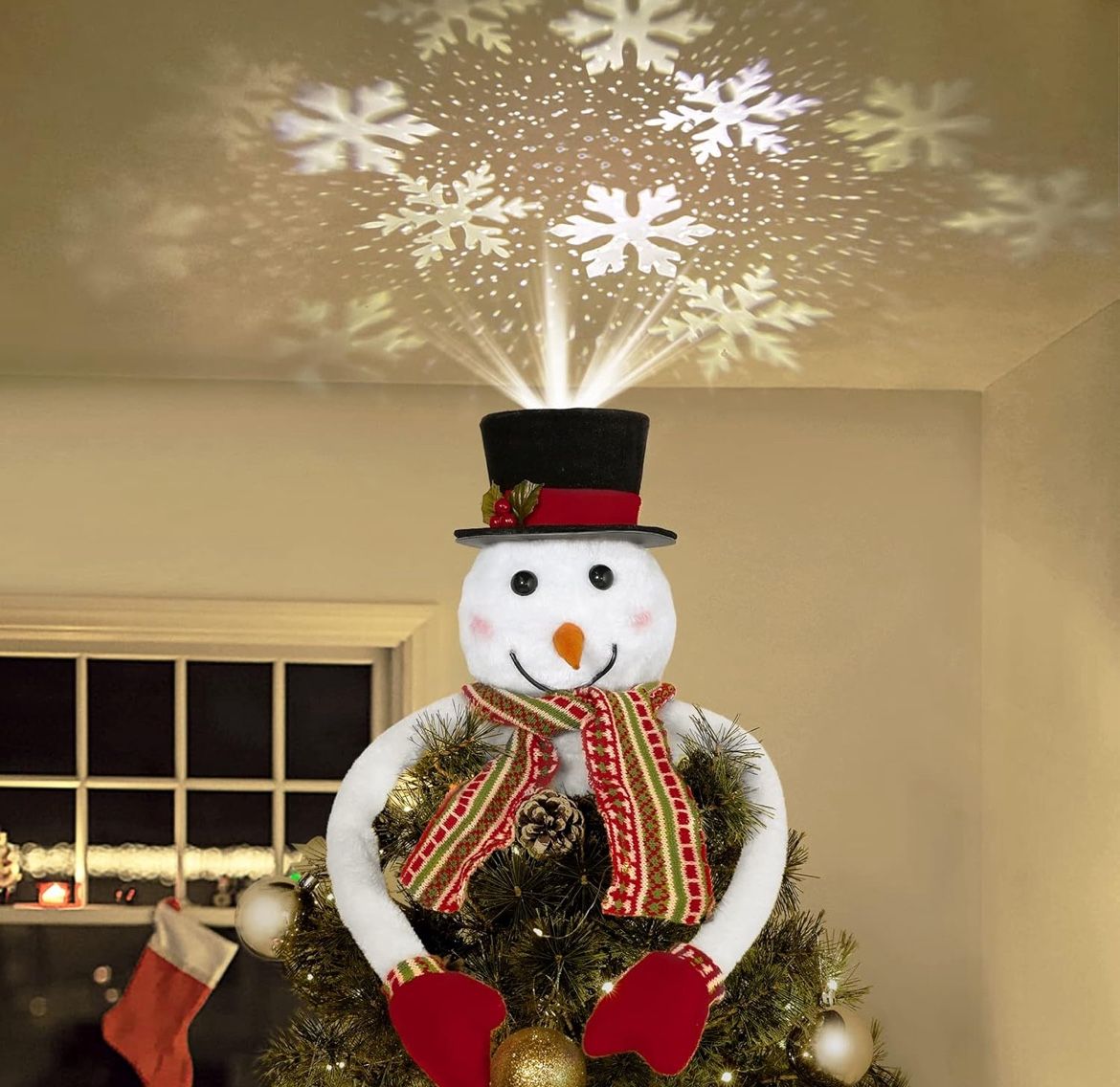 Tree Topper with LED Snowflake Projector – Rotating Lighted Christmas Decoration