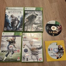 6- Xbox 360 games(Madden 12& 15, Assasins creed,watch dogs, Major league baseball 2k10,L.A.Norie 