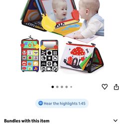 Tummy Time Baby Mirror Infant Toys Newborn 0 3 Months Brain Development with Crinkle Cloth Book Teether Black and White High Contrast Baby Toys 2 4 5 