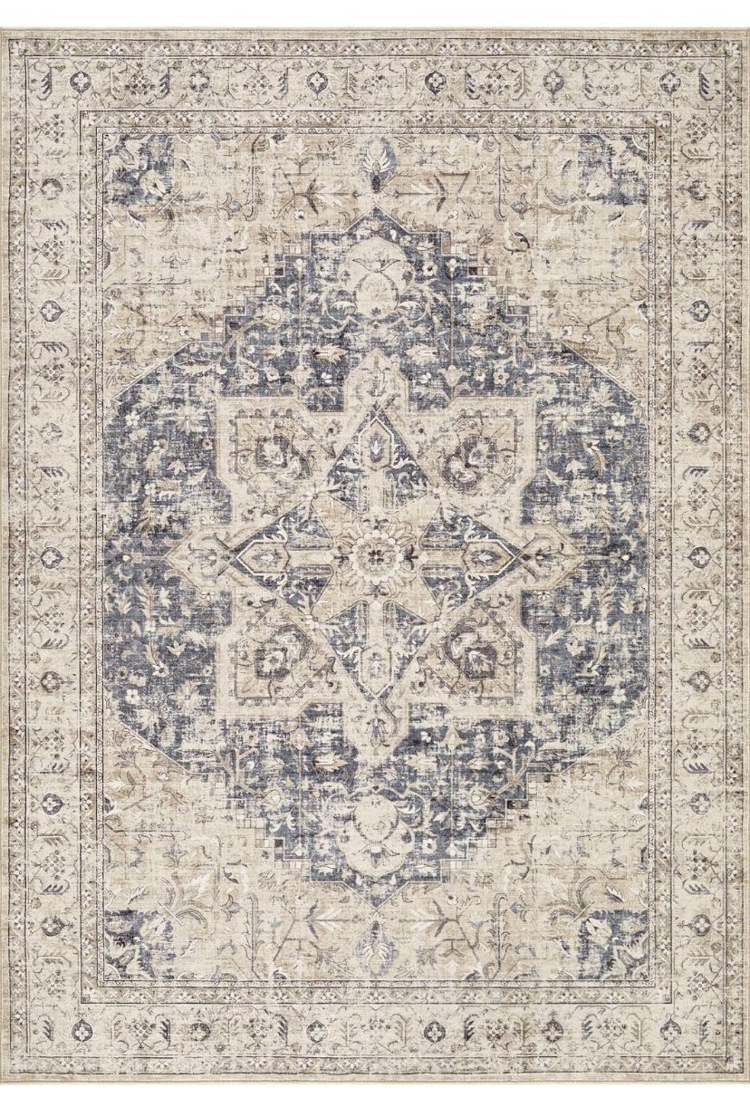 Washable Boho 9x12 Cream Blue Area Rug