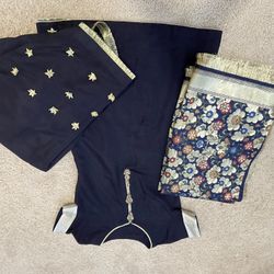 Navy Blue Three Piece Raw Silk Dress With Janwar Multi Color  Long Dupataa