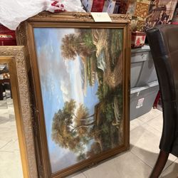 Large Framed Landscape Painting – Ornate Gold Frame