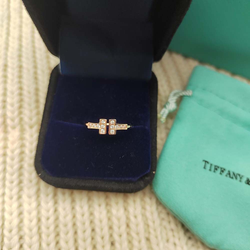 Tiffany 18k Rose Gold Diamond T Wire Ring Size 7 