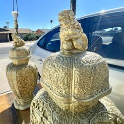 Vintage Extra Large 42” Antique Gold Chinese Fu Dog Lion Lamps