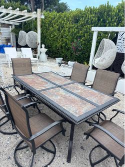 Outdoor Patio Aluminum Table with 6 Outdoor Patio Swivel Aluminum Framed Chairs
