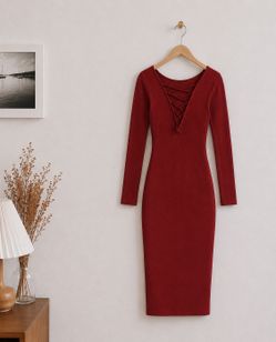 Dark maroon knit midi body con dress