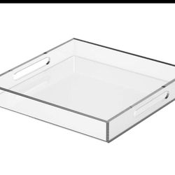 NIUBEE Acrylic Serving Tray 15x15 Inches -Spill Proof-Clear Decorative Tray Organiser for Ottoman Coffee Table Countertop with Handles