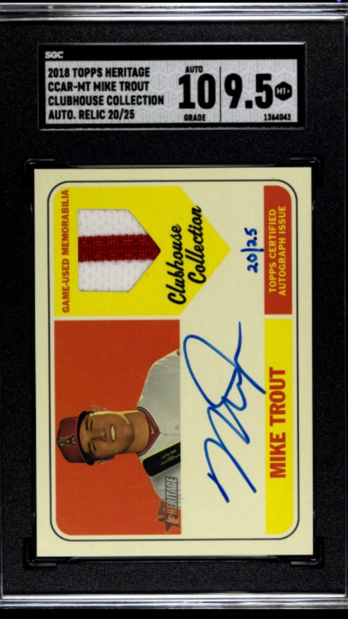 2018 Topps Heritage Mike Trout Game Used Patch Auto Autograph #20/25 SGC 9.5/10