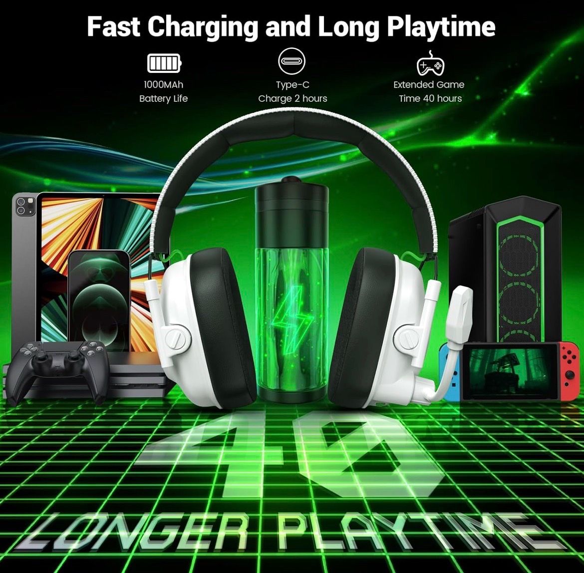 ๐ in ๐ฆ Wireless Gaming Headset with Noise Canceling Microphone for PC,PS5,PS4,Switch,Mac2.4GHz Wireless&Bluetooth5.4,Cool RGB Lighting,40Hr Battery,