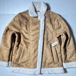 NWT  Old Navy  Cream Sherpa Lined  Brown Faux Suede  Coat Jacket  Full Zip  Women  Size Medium